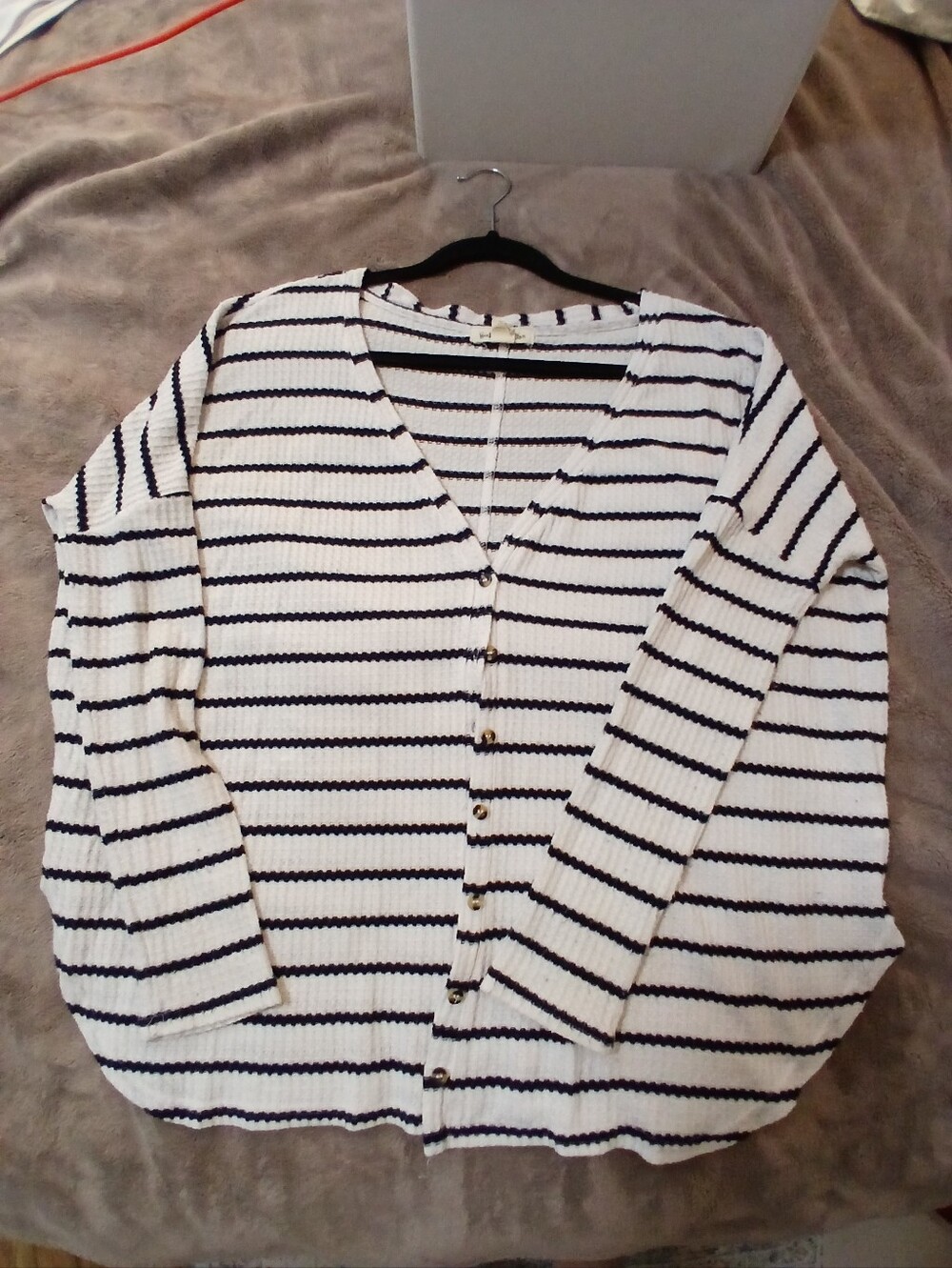 Striped V-Neck Button Front Sweater Cardigan - White & Black